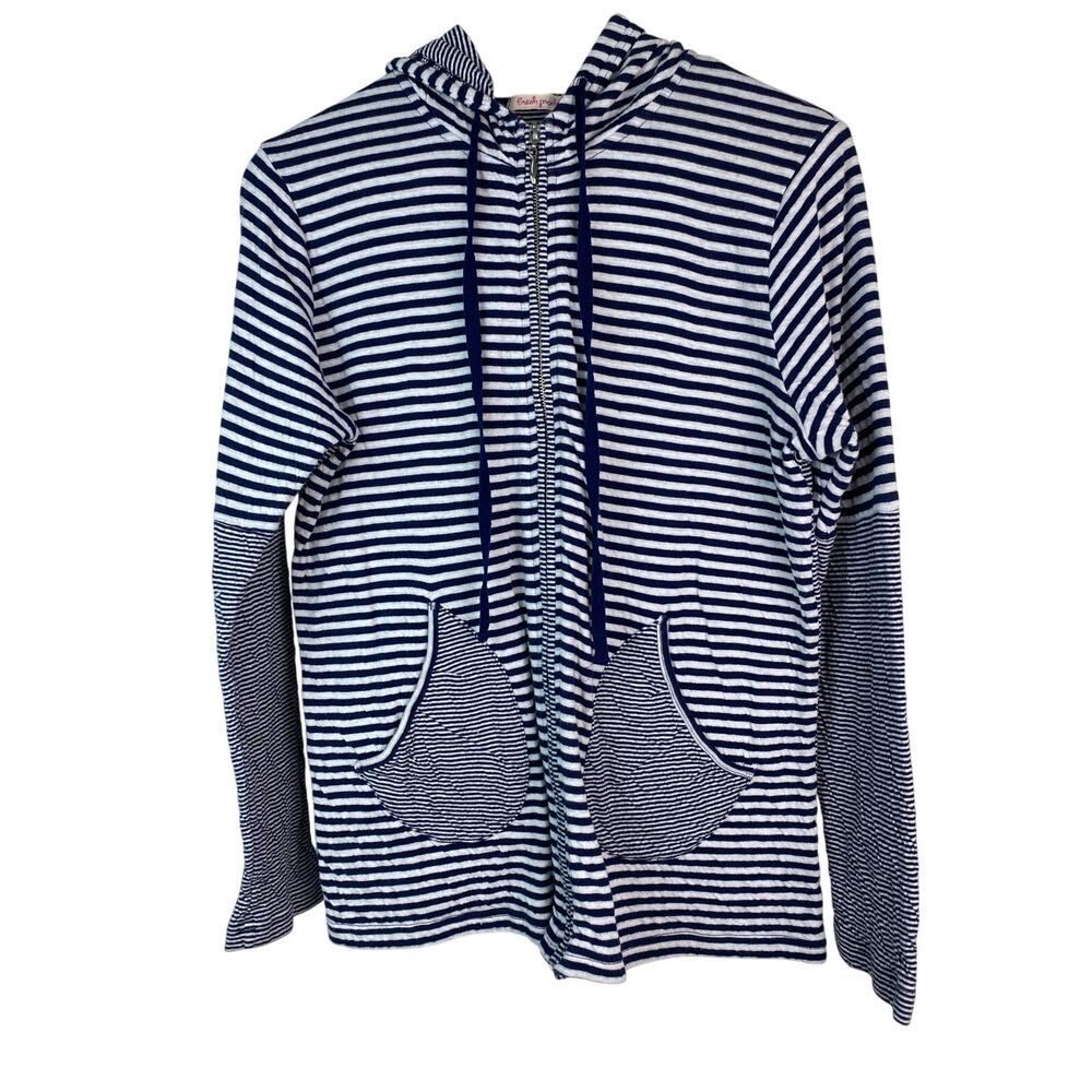 Fresh Produce Women's Size M Blue White Striped Full Zip‎ Hooded Jacket *